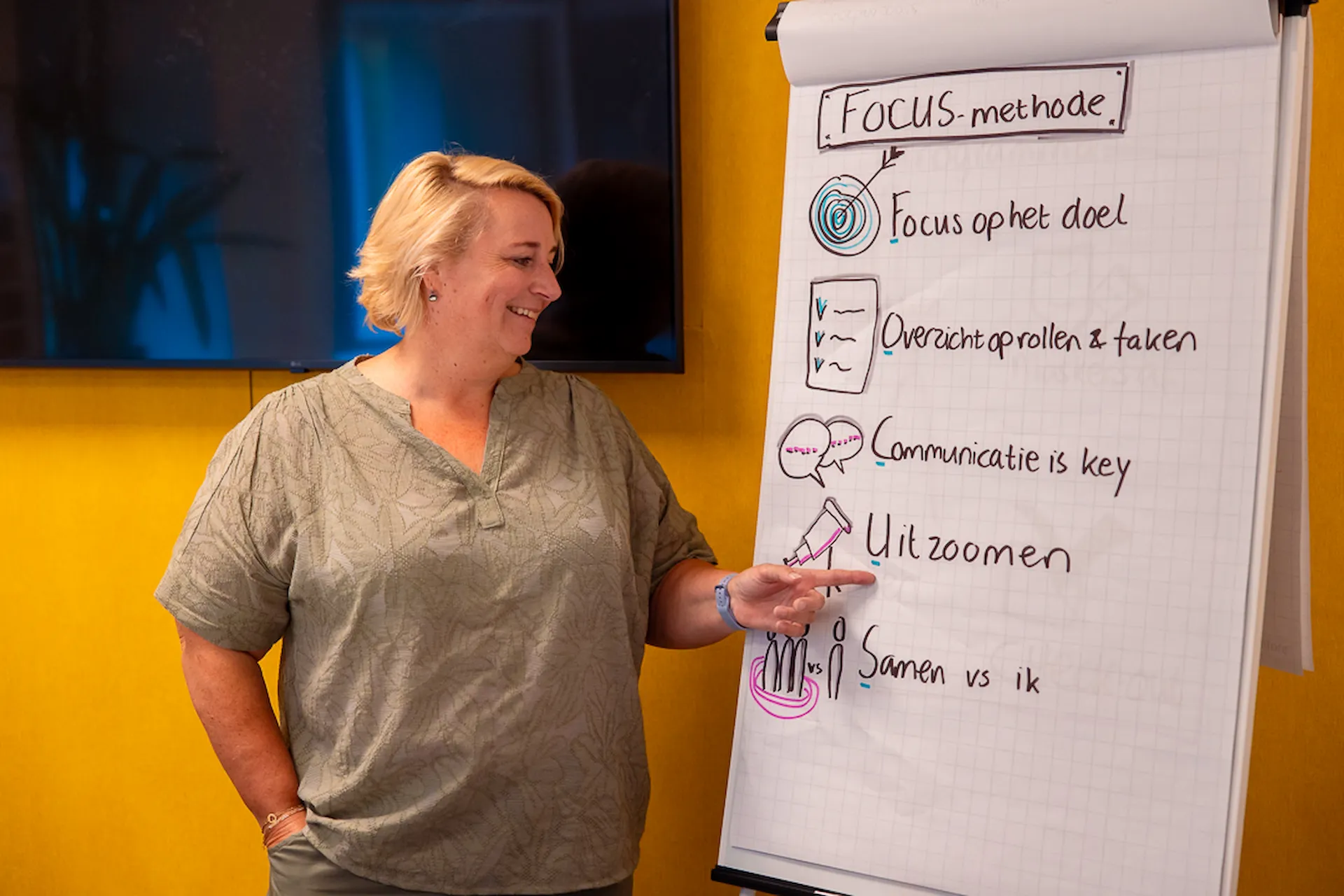 Carola Arxhoek wijst op tekst van de Focusmethode